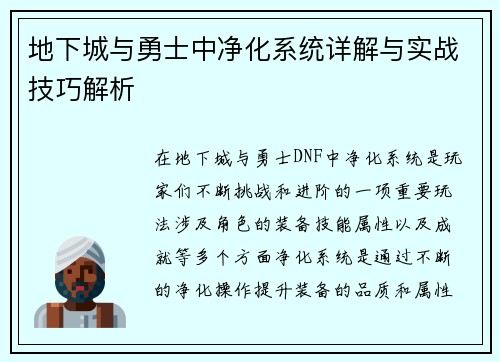 地下城与勇士中净化系统详解与实战技巧解析 地下城与勇士中净化系统详解与实战技巧解析