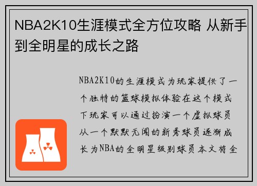 NBA2K10生涯模式全方位攻略 从新手到全明星的成长之路 NBA2K10生涯模式全方位攻略 从新手到全明星的成长之路